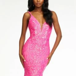 In Stock Mermaid Dresses Ashley Lauren 11113 Size 0 Hot Pink Long Fitted Sequin Prom Dress Pageant Gown V Neck