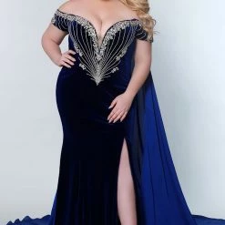 JK2202 Stretch Velvet Plus Sized Pageant Gown Plunging Neckline Side Slit Cape Prom Dress Sydney's Closet By Johnathan Kayne JK 2202 10 JK2202 Stretch Velvet Plus Sized Pageant Gown Plunging Neckline Side Slit Cape Prom Dress Sydney's Closet By Johnathan Kayne JK 2202