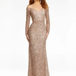 Ashleylauren Ashley Lauren 11176 Off The Shoulder Sequin Evening Gown With Long Sleeves Sequin Dresses