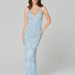 In Stock Primavera Couture 3433 Blush Prom Dress Long Beaded V Neckline Formal Dress Backless Dresses