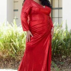 Sydney's Closet CE2015 Metallic Evening Dress Plus Sized Long Sleeves Slit CE 2015