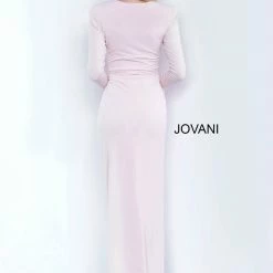 Jovani 3060 Low V Neckline Long Sleeve Evening Gown With High Slit Bodysuit