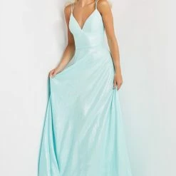 In Stock Jovani JVN08490 A Line Prom Dress Size 00 Pink With Shimmer V Neckline Open Corset Back JVN 08490