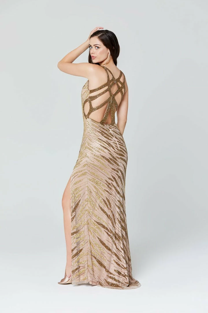 In Stock Primavera Couture 3417 Size 2 Ivory Gold V Neckline Cutout Sides Beaded Prom Dress 8 In Stock Primavera Couture 3417 Size 2 Ivory Gold V Neckline Cutout Sides Beaded Prom Dress