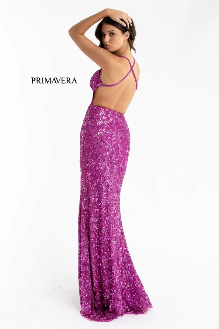 In Stock Primavera Couture 3295 Size 2 Purple Prom Dress V Neckline Sequins Backless Slit Formal Evening Gown 61 In Stock Primavera Couture 3295 Size 2 Purple Prom Dress V Neckline Sequins Backless Slit Formal Evening Gown