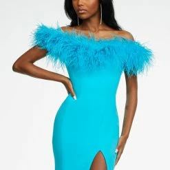 Ashleylauren Ashley Lauren 11099 Prom Dress Off The Shoulder Feathers Train Left Leg Slit Pageant Gown