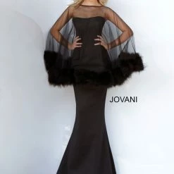 Mermaid Dresses Jovani 1142 Fitted Mermaid Evening Gown With Sheer Fur Trim Cape
