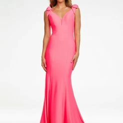 Ashleylauren Ashley Lauren 11183 Jersey Evening Gown With Bows & Draped Details In The Back