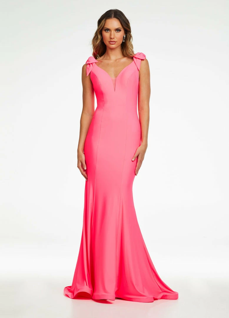 Ashleylauren Ashley Lauren 11183 Jersey Evening Gown With Bows & Draped Details In The Back 3 Ashleylauren Ashley Lauren 11183 Jersey Evening Gown With Bows & Draped Details In The Back