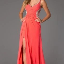 In Stock Backless Dresses Jovani JVN 94375 Size 8 Sheer Prom Dress V Neck Slit Backless Watermelon Gown