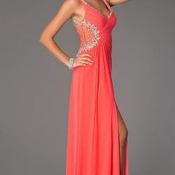 In Stock Backless Dresses Jovani JVN 94375 Size 8 Sheer Prom Dress V Neck Slit Backless Watermelon Gown