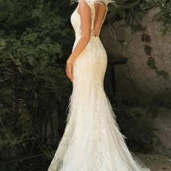 In Stock CD 57W Size 8 Feather Embellished Glitter Mermaid Wedding Dress Bridal Gown V Neck Sheer Mermaid Dresses