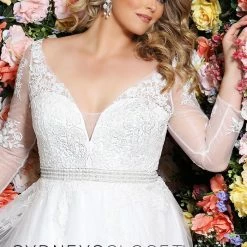 In Stock Sydney's Closet SC5234 Size 20 Long Plus Sized Wedding Dress V Neckline Long Sleeves SC 5234 Ballgown Dresses