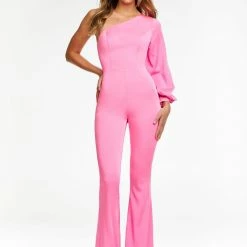 Ashleylauren Ashley Lauren 11168 One Shoulder Jumpsuit With Balloon Long Sleeve Jumpsuits & Rompers