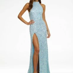 Ashleylauren Ashley Lauren 11174 Sequin Halter Evening Prom Dress With Slit High Neckline Sequin Dresses