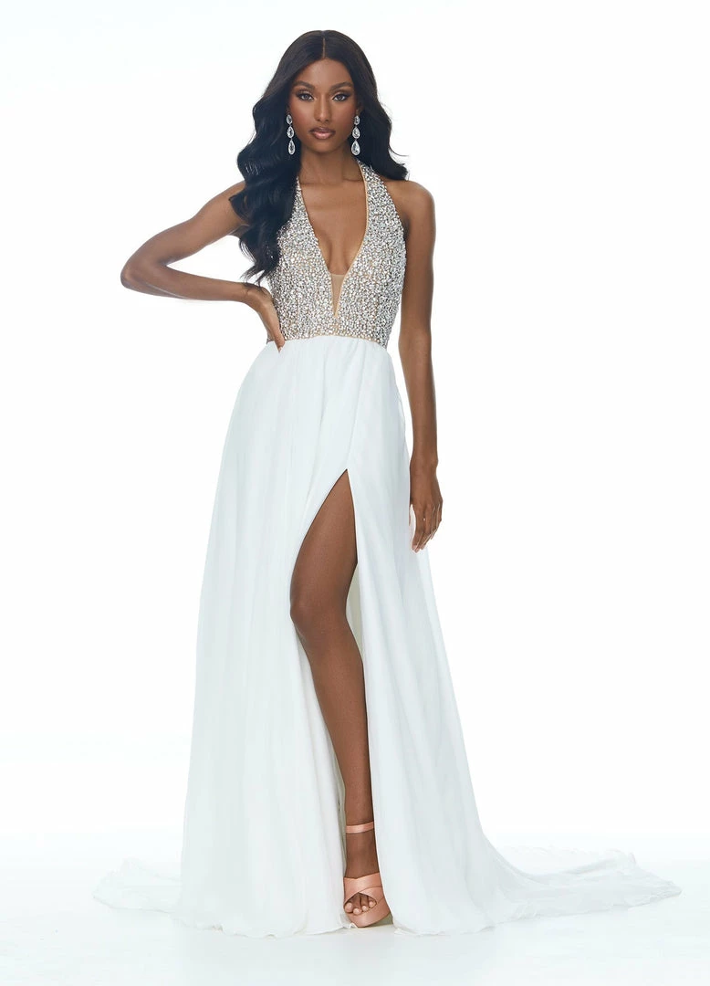 Ashleylauren Ashley Lauren 1989 V-Neck Beaded Bustier Prom Dress Flowy Chiffon Skirt With Side Slit 3 Ashleylauren Ashley Lauren 1989 V-Neck Beaded Bustier Prom Dress Flowy Chiffon Skirt With Side Slit
