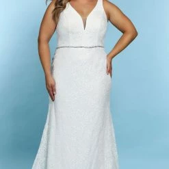 Sydney's Closet SC5254 Fitted Floral Lace Plus Sized Wedding Dress Embellished Belt SC 5254 Karen