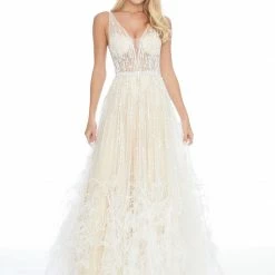 Ashleylauren Ashley Lauren 1902 A Line Feather Skirt Prom Dress V Neckline