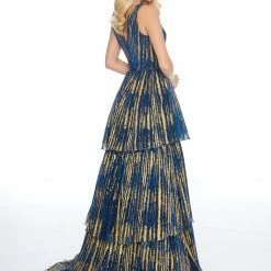 Ashleylauren Ashley Lauren 1758 Midnight V Neckline Metallic Tulle Evening Gown Ballgown Dresses