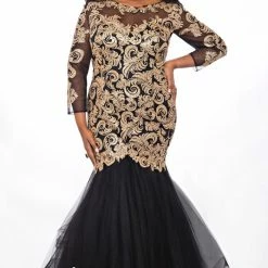 In Stock Tease Prom 2022 Size 16 Black Gold Fitted Long Sleeve Mermaid Prom Dress