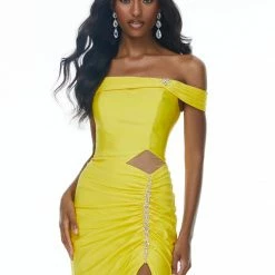 In Stock Ashley Lauren 11031 Size 2 Yellow Off The Shoulder Jersey Prom Dress Pageant Gown Side Slit