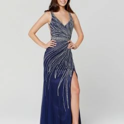 In Stock Primavera Couture 3476 Size 0 V Neckline Prom Dress Evening Gown Midnight Silver Backless Dresses