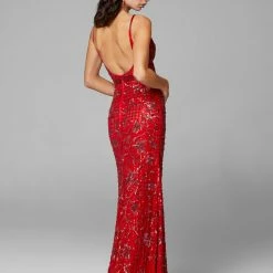 Primavera Couture 3630 Long Fitted Beaded Formal Prom Dress Slit V Neck Backless
