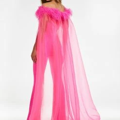 Ashleylauren Ashley Lauren 11138 Off Shoulder Jumpsuit With Organza Feather Cape Jumpsuits & Rompers